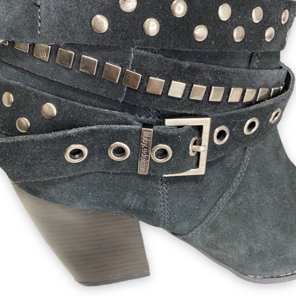 libby Edelman - Black Suede STudded Wrap Buckle Heeled Boot - Size 9.5 China - Picture 8 of 13